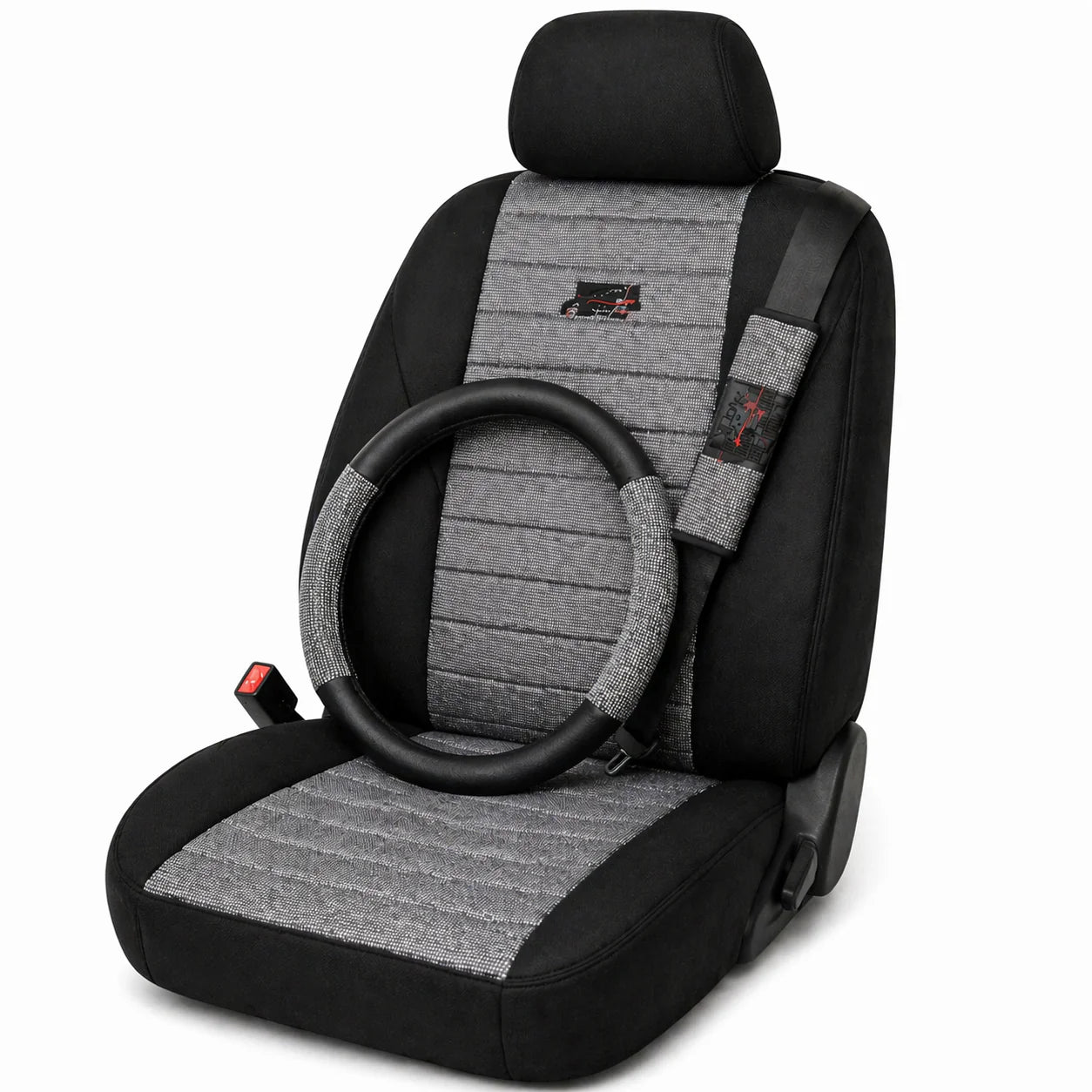 Housse standard tissu gris avec couvre volant+ cache ceinture