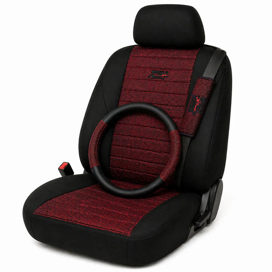 Housse standard tissu rouge avec couvre volant+ cache ceinture